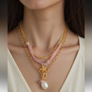 Gold and Pink Layered Necklace A1268